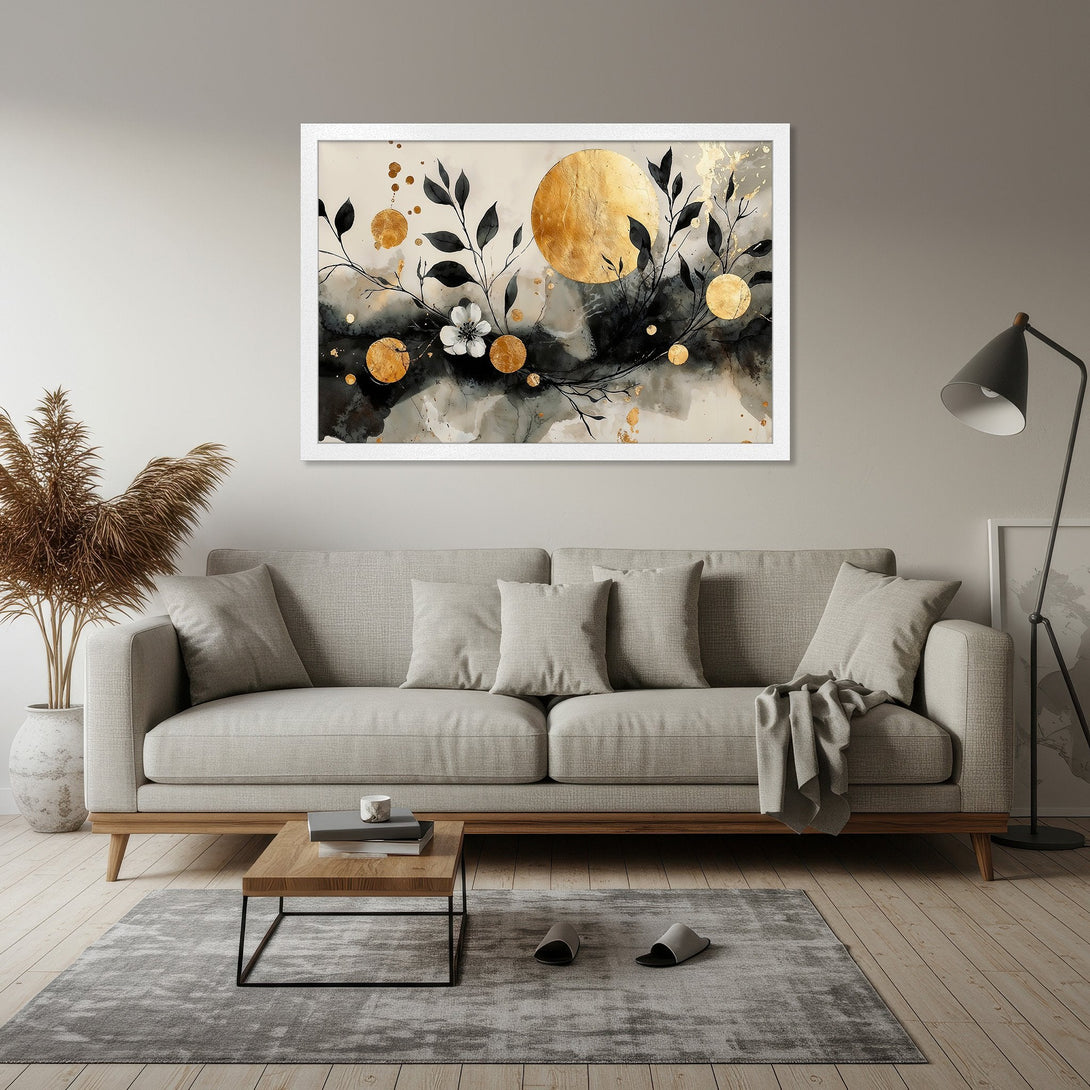 Framed Poster featuring abstract floral art with gold accents. Stylish black, white, and gold color palette. Perfect wall decor for modern homes.