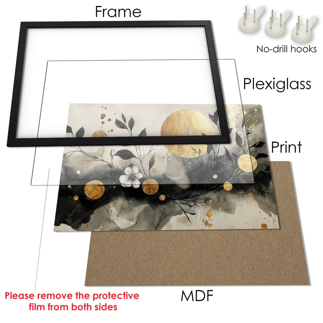 Framed Poster with abstract floral art in neutral and gold tones. Modern decor, ready to hang.