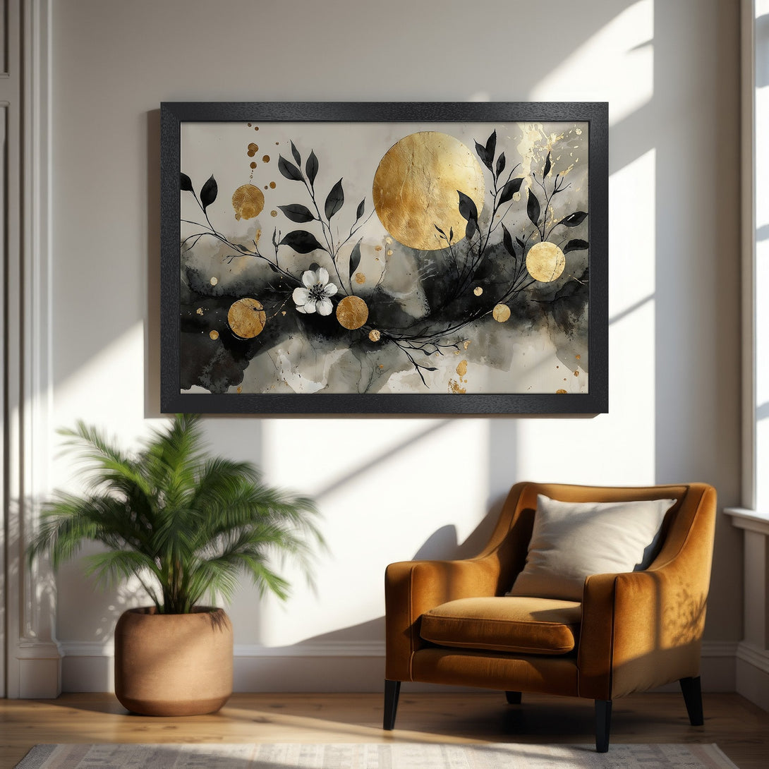 Framed Poster featuring abstract floral art with gold accents, black and white color palette. Modern wall decor.