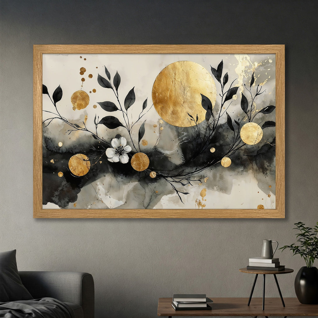 Framed Poster featuring abstract floral art with gold accents, black leaves, and a neutral color palette for modern home decor.