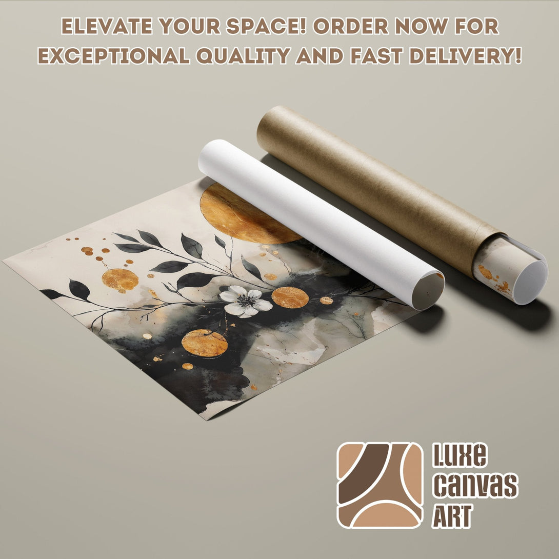 Abstract floral Poster Roll art in neutral tones with gold accents. Elevate your space today!
