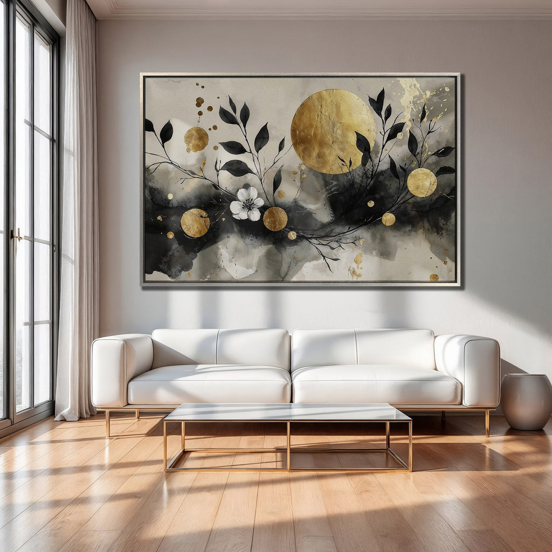 Framed Wall Art: Abstract floral design with gold accents on a neutral background. Perfect for modern decor. Black, white, and gold color palette.
