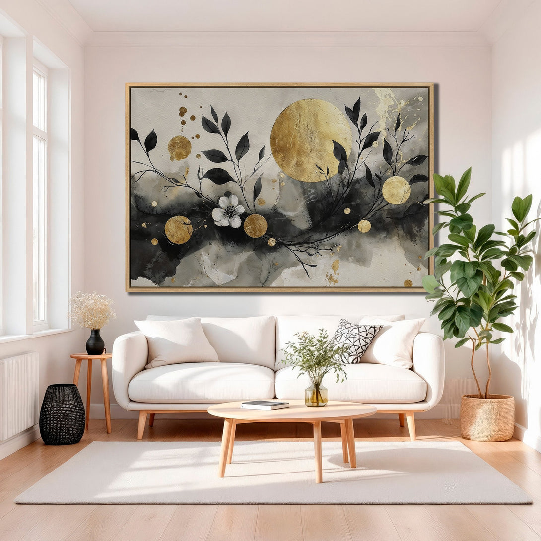 Framed Wall Art featuring a modern floral design in gold, black, and gray. Elevate your space with this elegant canvas print!