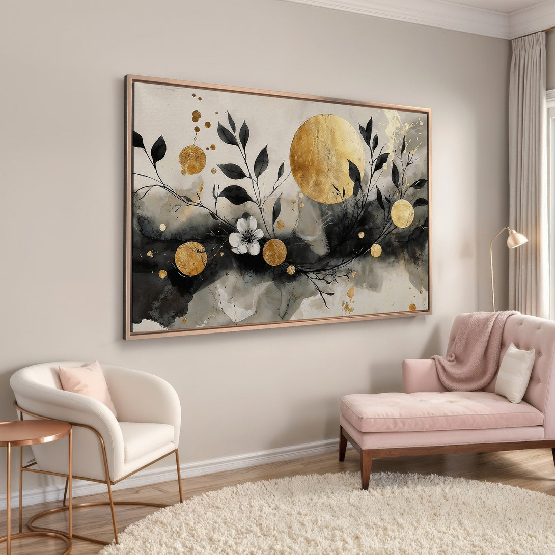 Framed Wall Art: Abstract floral design in gold, black, and neutral tones. Modern canvas print adds elegance to any interior space.