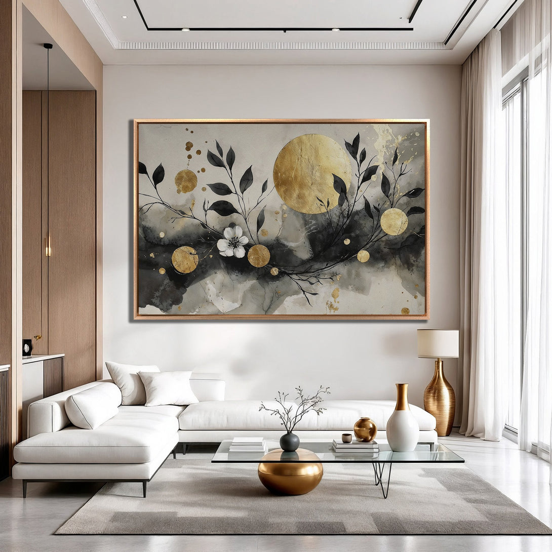 Framed Wall Art: Abstract floral design with gold accents on a neutral background. Modern style canvas print in a chic living room.