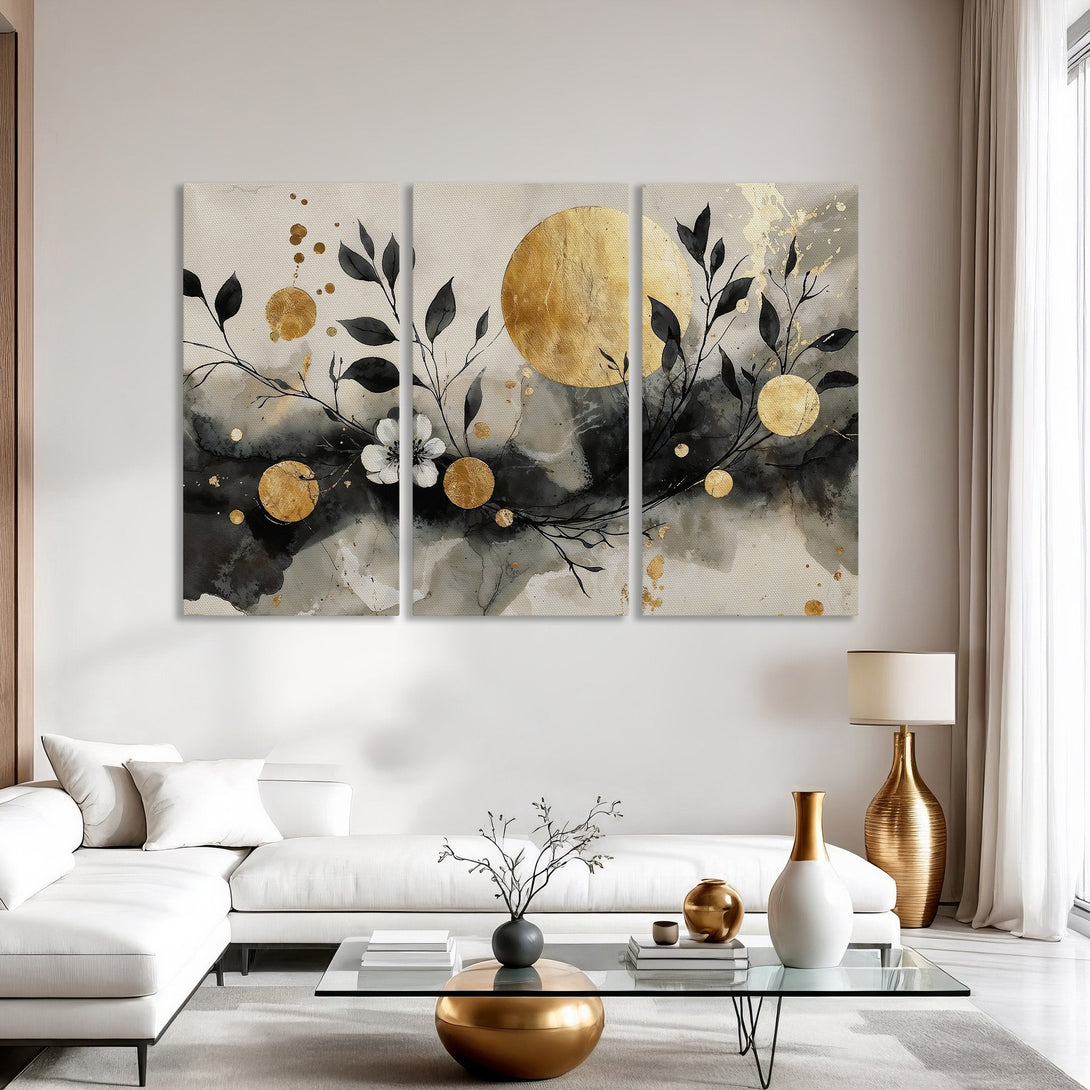Abstract Canvas Print featuring gold accents, black leaves, and neutral tones. Modern wall art perfect for any living space.