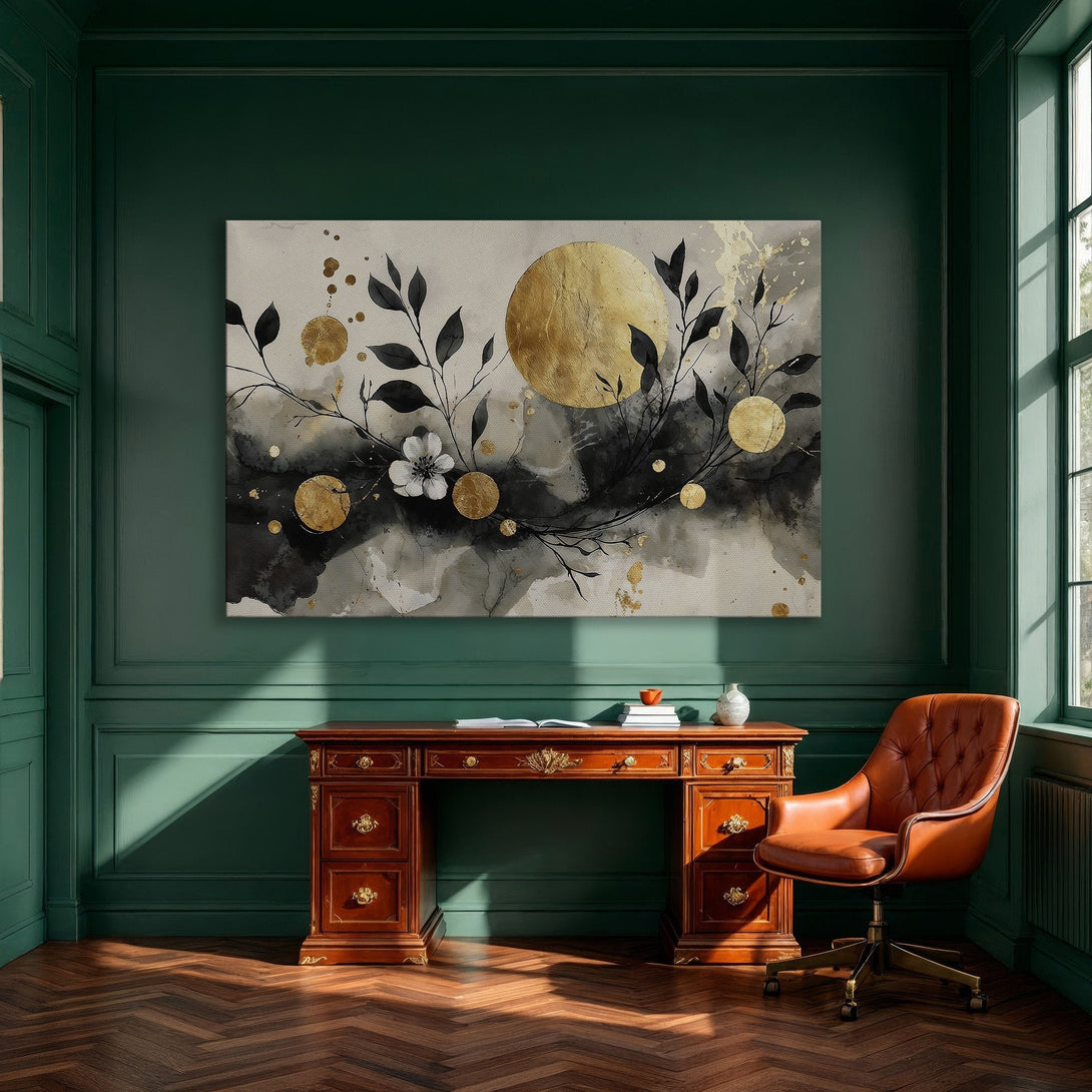 Framed Wall Art: Abstract floral canvas print in gold, black, and neutral tones. Modern art for dining room decor.