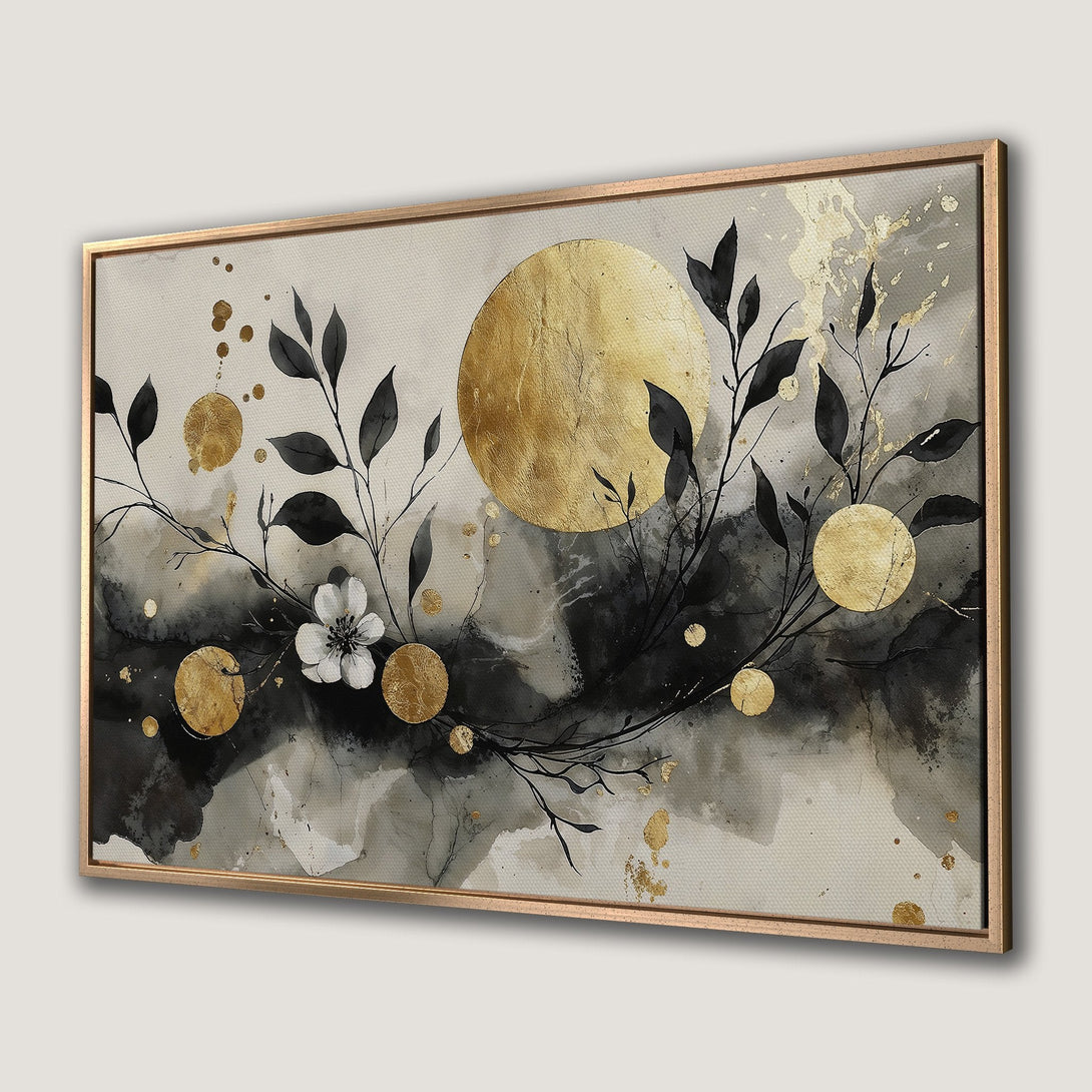 Framed Wall Art featuring an abstract floral design in black, gold, and gray. Modern canvas print perfect for any interior.