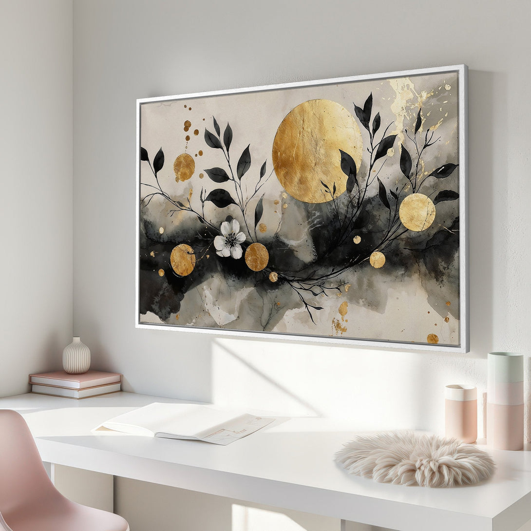 Framed Wall Art: Abstract floral design in gold, black, and neutral tones. Modern art for home decor. Canvas print featuring botanical elements.