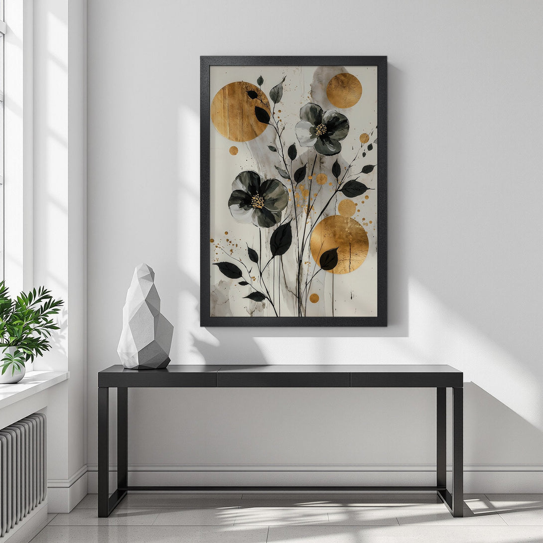 Framed Poster featuring abstract floral art in black, gold, and neutral tones. Modern wall decor for any space.