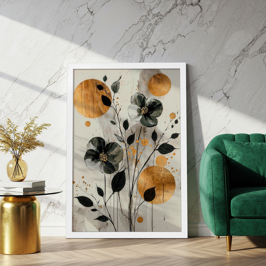 Framed Poster featuring elegant floral art in black, gold, and neutral tones. Perfect wall decor for modern homes.
