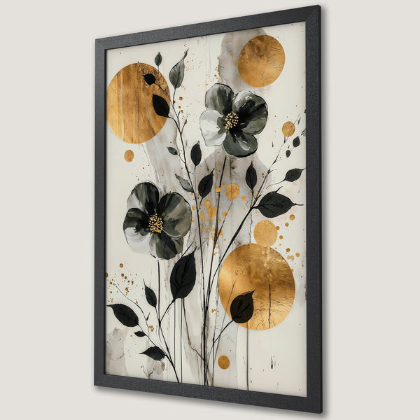 Framed Poster featuring abstract floral art with gold accents and a black and white color palette. Perfect for modern home decor.