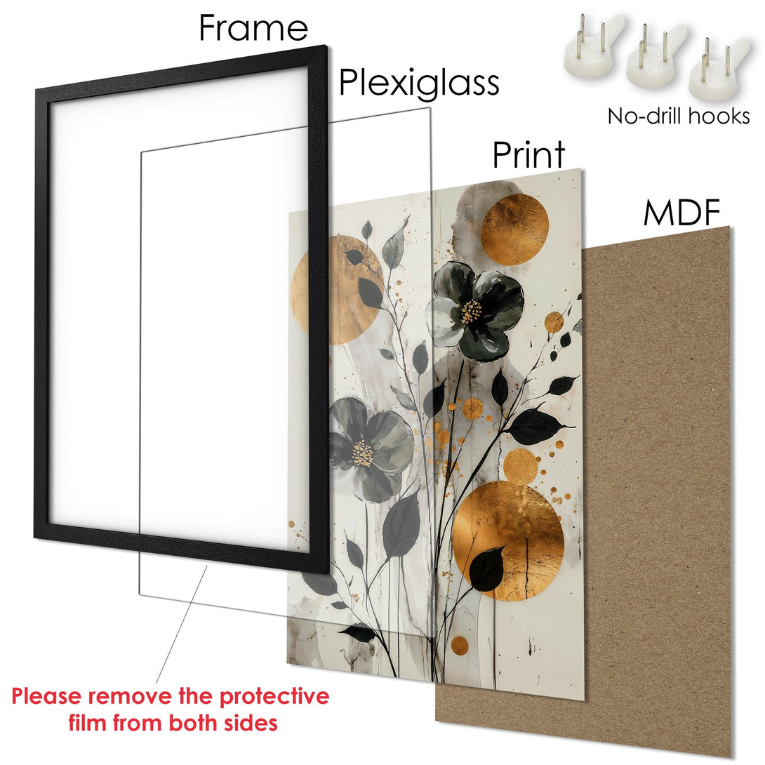 Framed Poster with floral art in black, gold, and neutral tones. Modern wall decor.