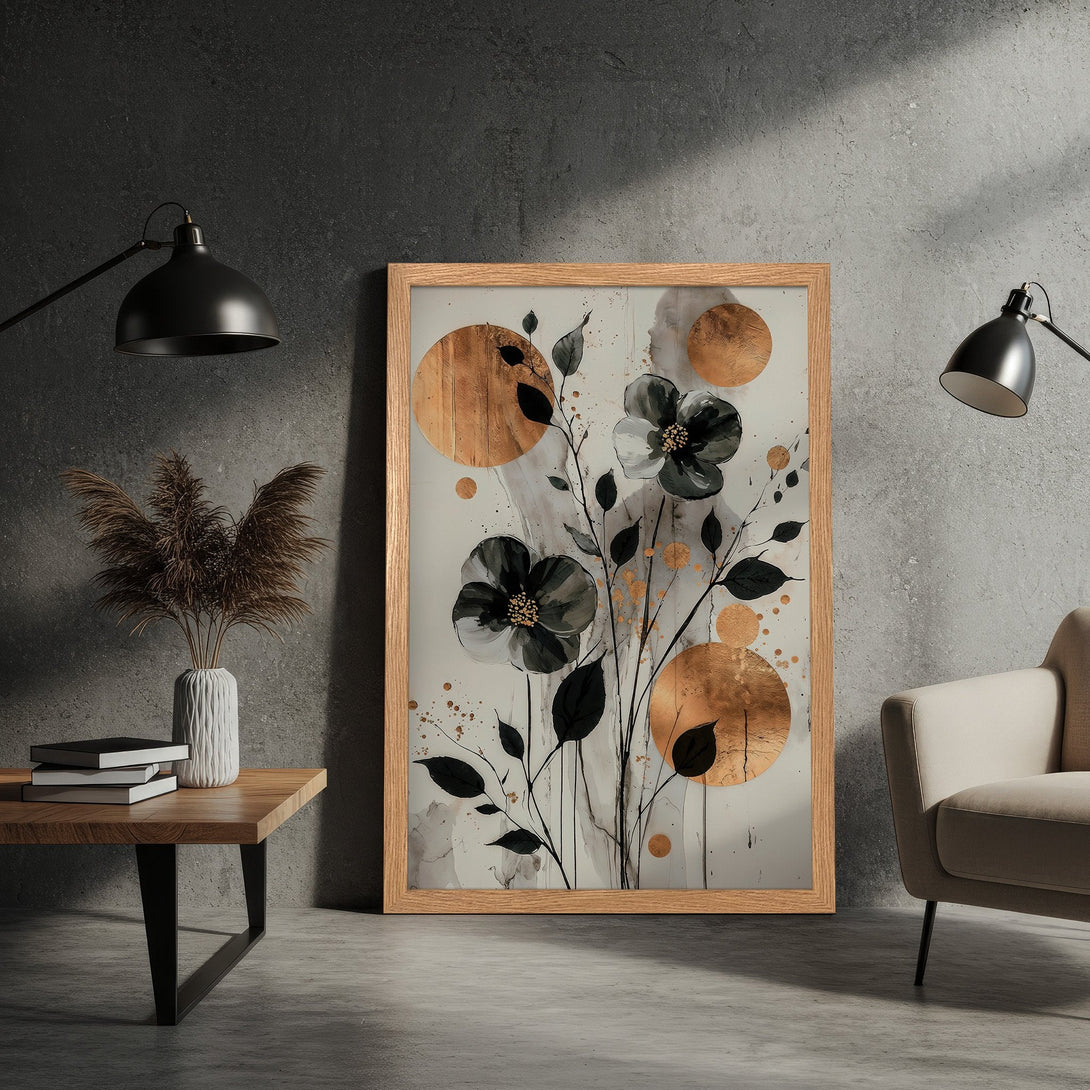 Framed Poster: Abstract floral art print with black, gold, and neutral tones. Modern wall decor for a stylish home.