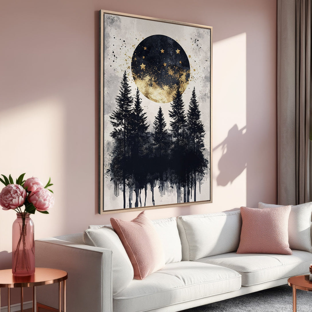 Framed Wall Art: Abstract forest scene with gold moon and stars. Black, white, and gold art print. Adds a touch of elegance to any room.