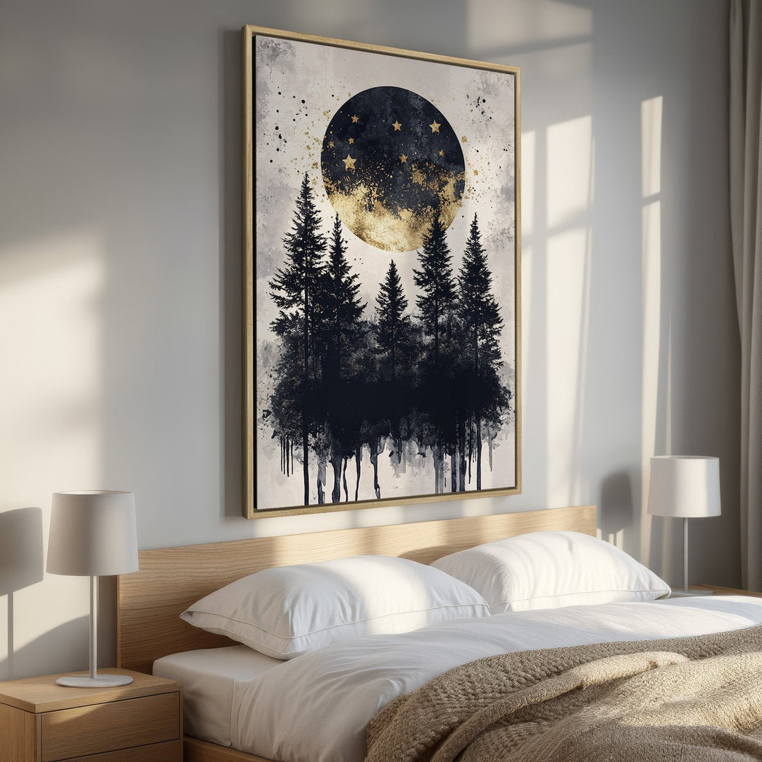 Framed Wall Art: Abstract forest scene with moon and stars in gold and navy. Perfect bedroom decor. Modern art with neutral color palette.