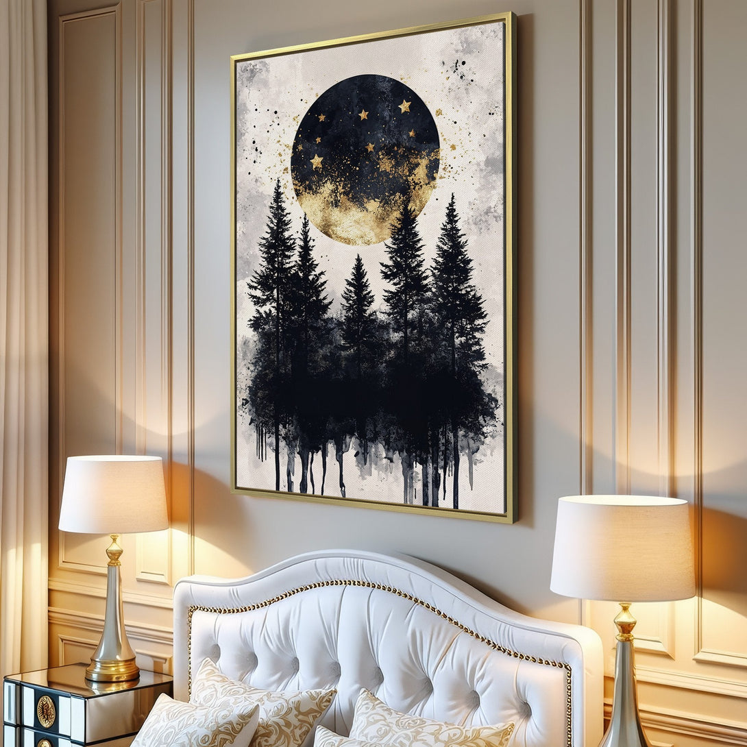 Canvas Print featuring a forest scene with a moon and stars, in a black and gold color palette. Modern wall art for your home.