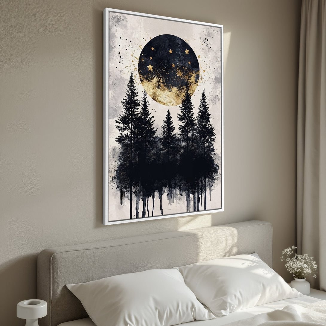 Framed Wall Art: Abstract forest moon art in black, gold, and neutral tones. Modern canvas print for bedroom decor. Shop now for unique wall art!