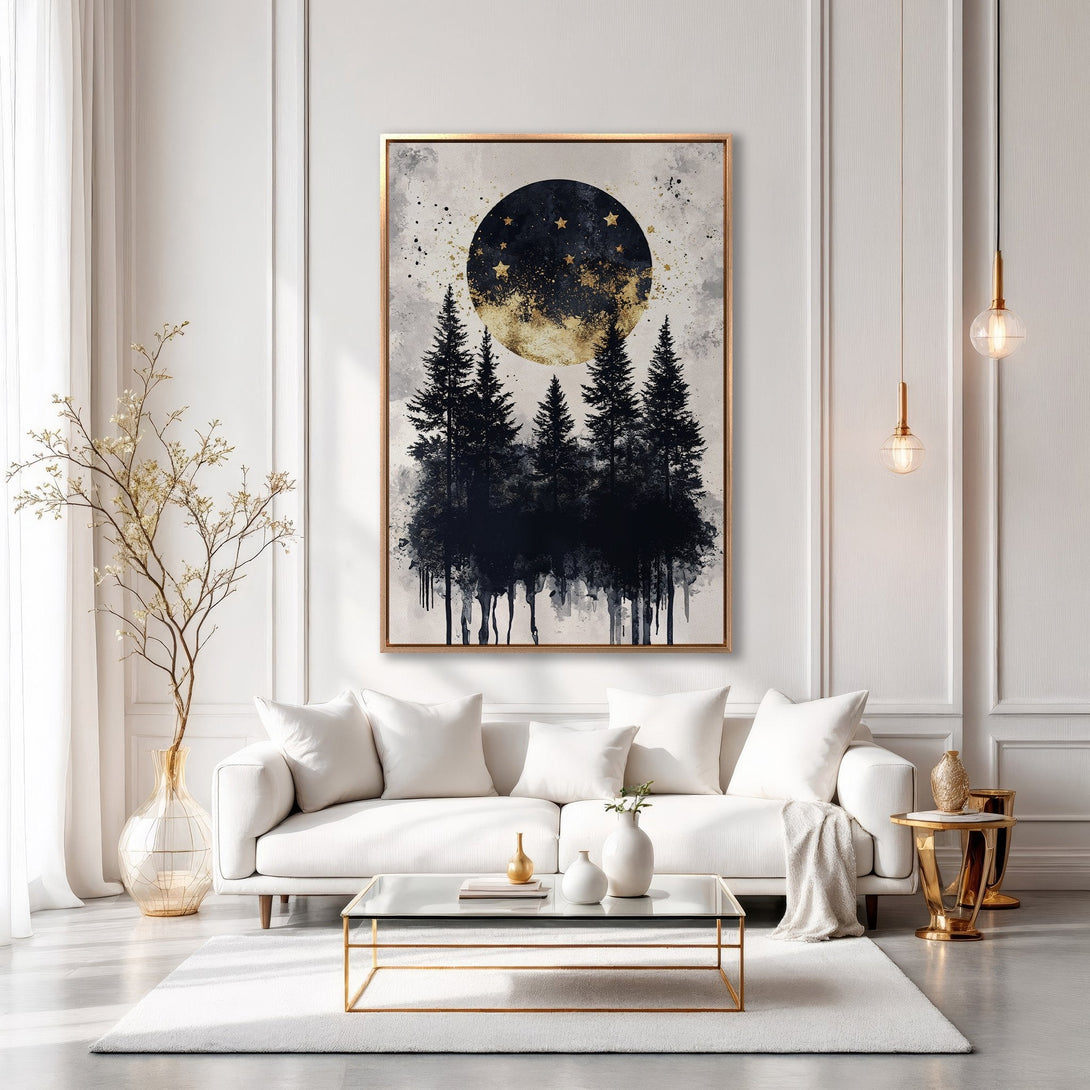 Framed Wall Art: Abstract forest scene with gold accents. Modern canvas print in black, gold, and gray tones, perfect for elegant home decor.