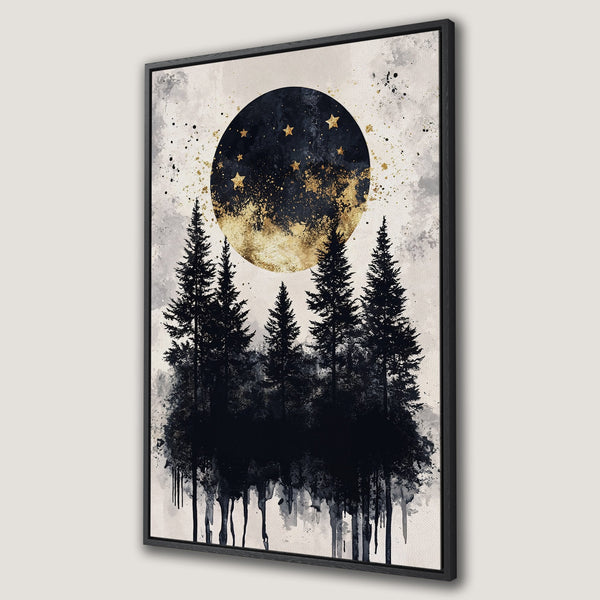 Framed Wall Art: Abstract forest scene with moon and stars. Black, gold, and neutral color palette. Perfect for modern home decor.