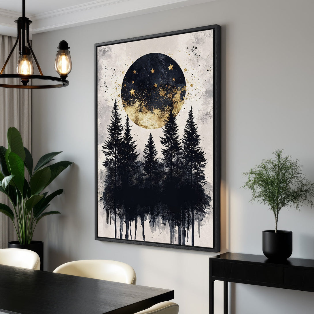 Framed Wall Art: Abstract forest scene with moon & stars. Modern style, black, gold, & gray color palette. Elevate your space with this stunning canvas print.