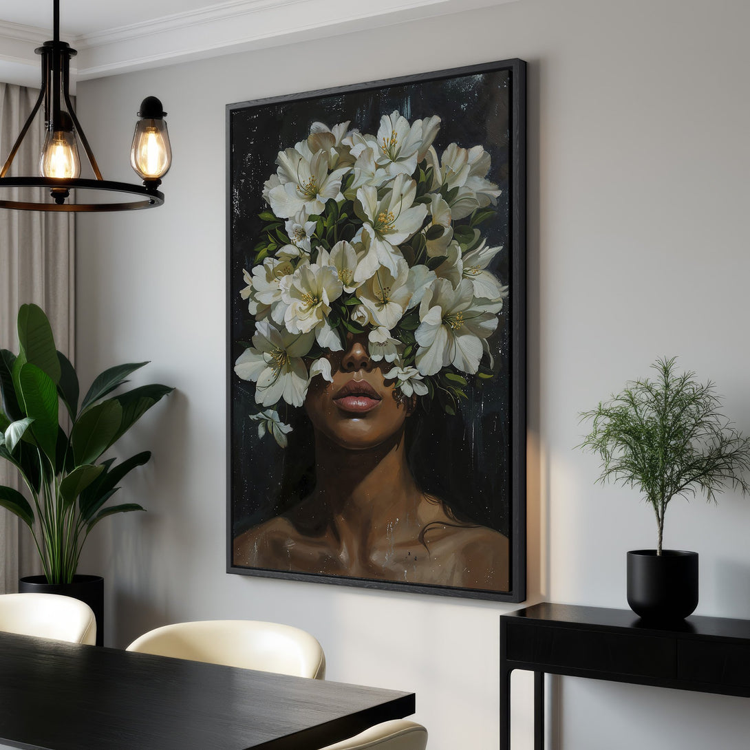 Framed Wall Art: Stunning portrait of a woman with floral headpiece. Modern art with a dark, moody background and a neutral color palette. Elevate your space!