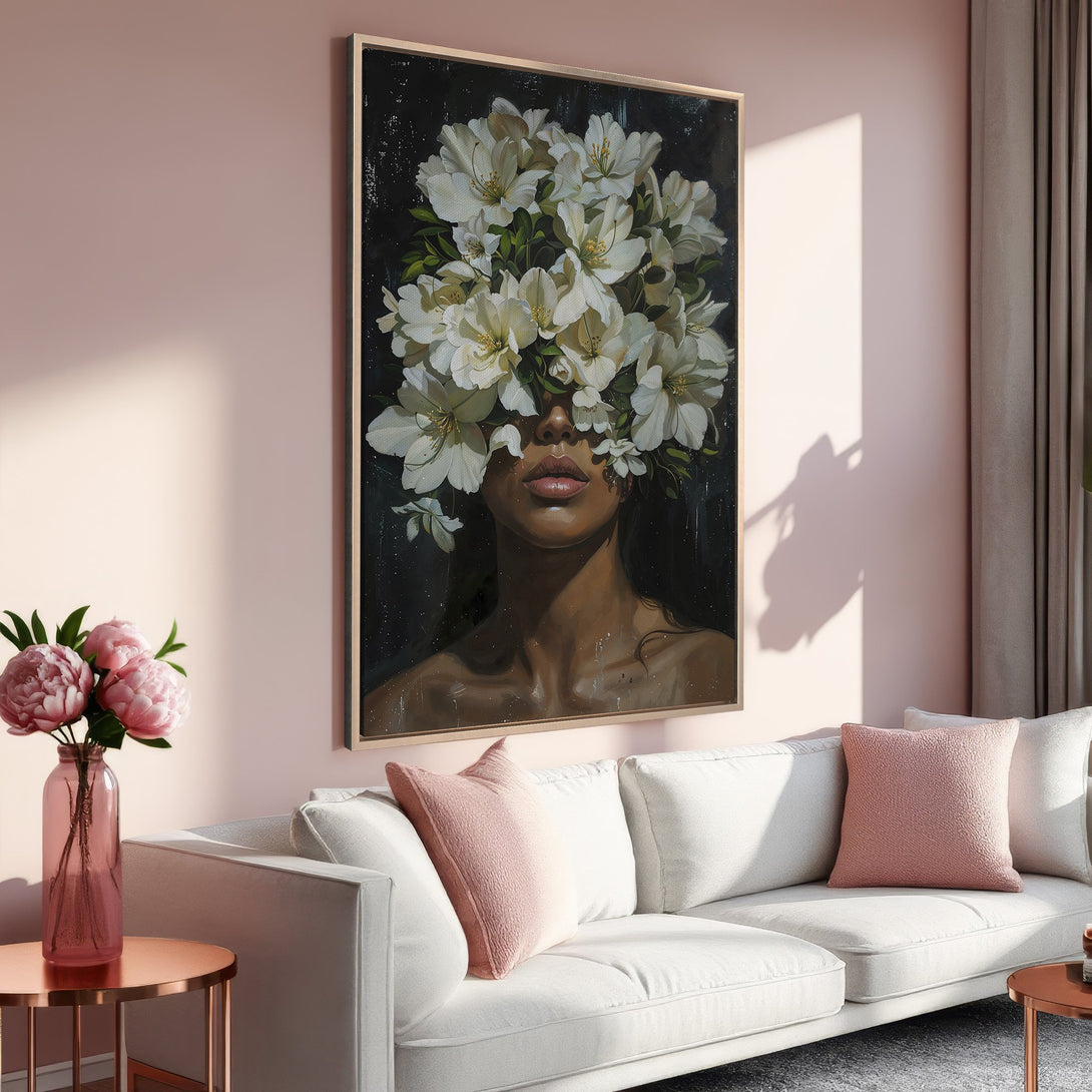 Framed Wall Art featuring a woman with floral headpiece. Modern art in a soft, blush and neutral color palette. Perfect for adding elegance to your space.