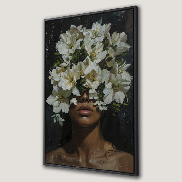 Framed Wall Art: Woman with flowers, dark and moody art. Black frame, white flowers, and a dark color palette. Perfect for modern decor.