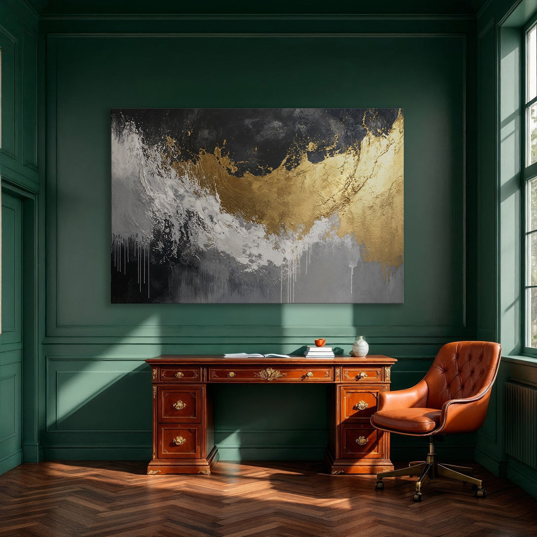 Framed Wall Art: Abstract gold, black, and white canvas print. Modern art for dining room decor. Elevate your space with this stunning piece.