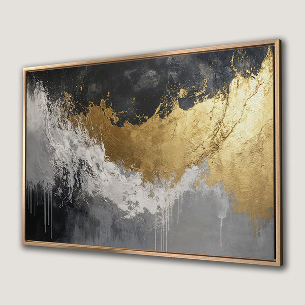 Framed Wall Art: Abstract gold, black, and gray canvas print. Modern art with a luxurious metallic finish, perfect for adding elegance to any room.