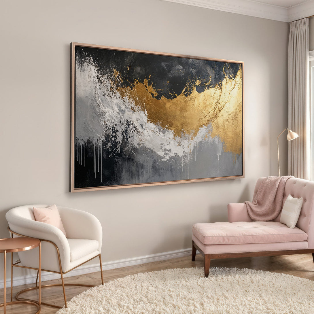Framed Wall Art: Abstract gold, black, and white canvas print. Modern art with a luxurious touch, perfect for living room decor.