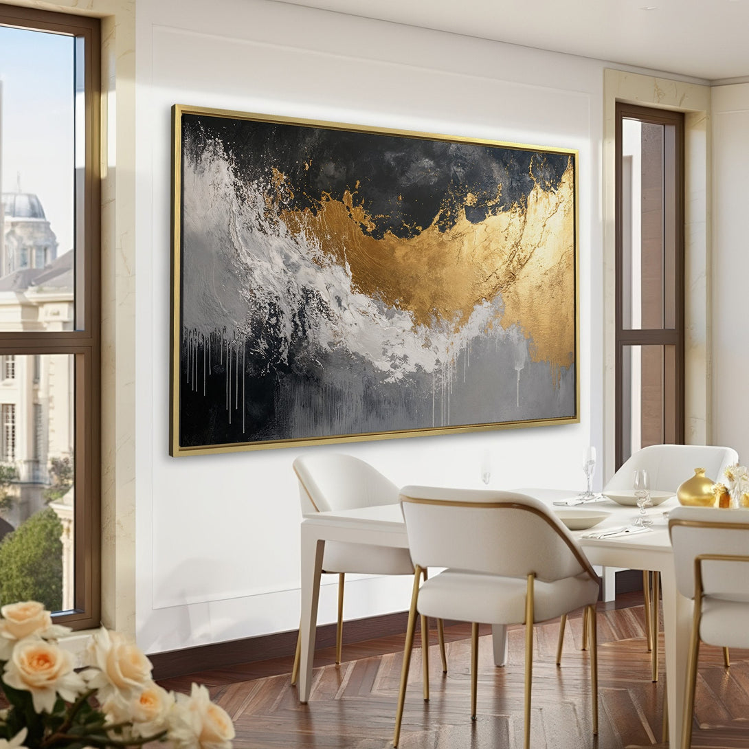 Abstract Canvas Print in a luxury interior with gold, black, and white accents. Modern wall art for a sophisticated home decor.