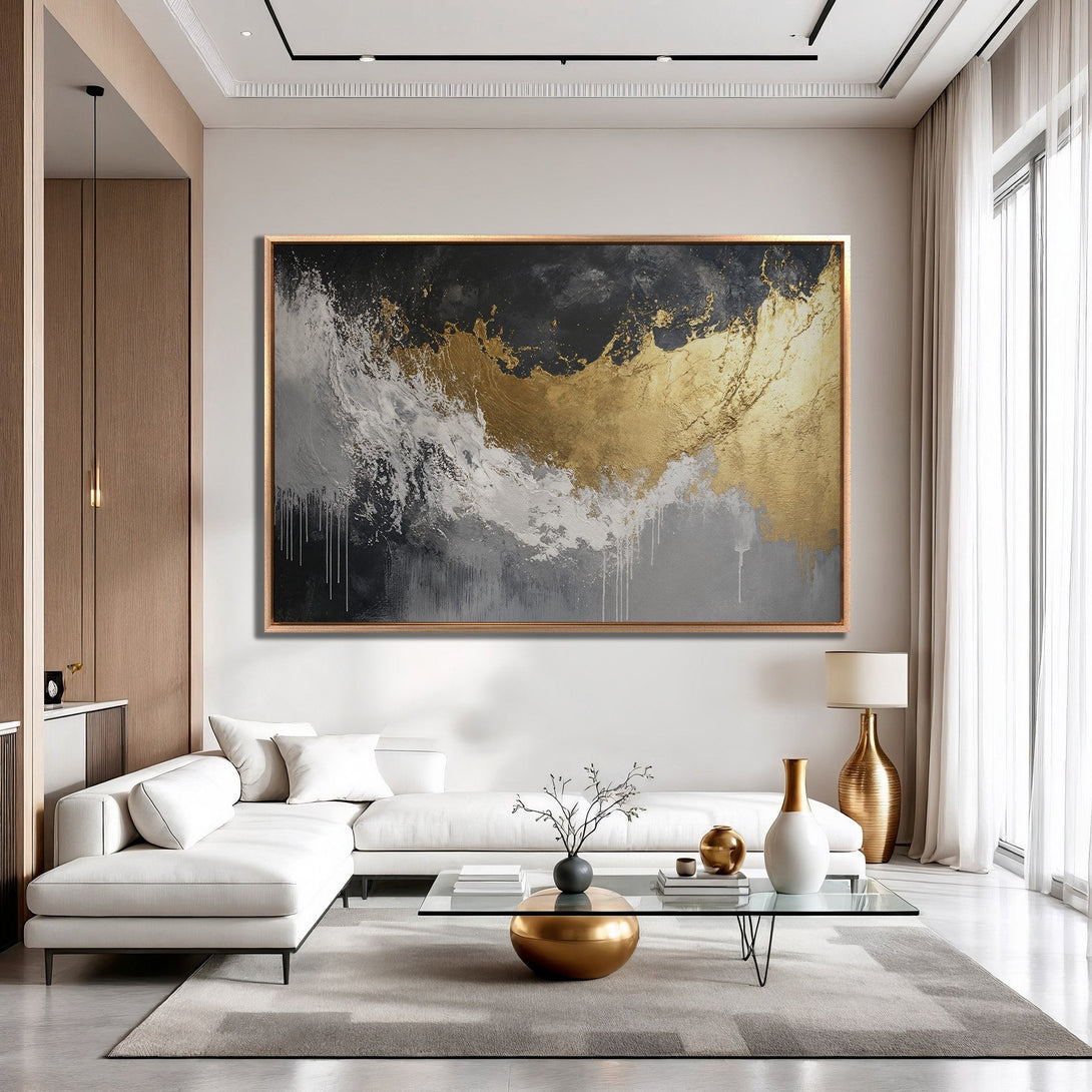 Framed Wall Art: Abstract gold, black & gray canvas print. Modern art for living room decor. Enhance your space with this stunning piece!