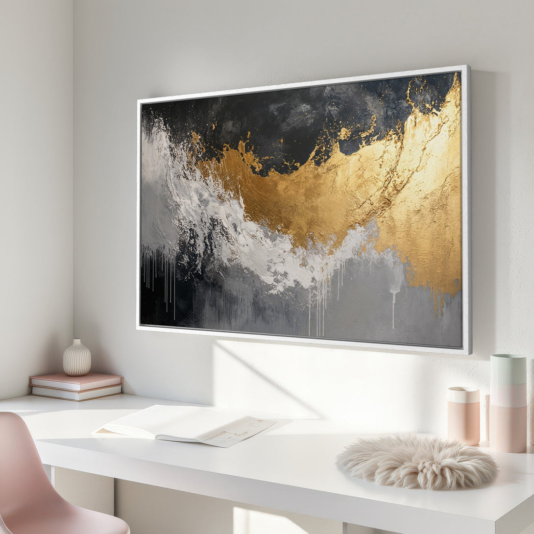 Framed Wall Art: Abstract gold, black, and gray canvas print. Modern art for home decor, featuring a luxurious, textured style and a neutral color palette.