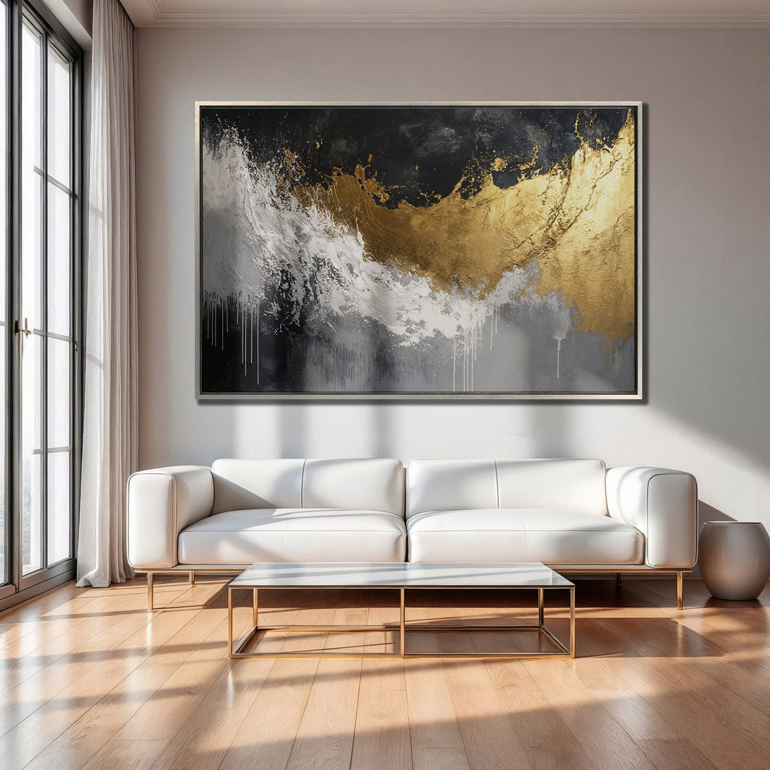 Framed Wall Art: Abstract gold and black canvas print in a modern living room. Elegant, contemporary art with a neutral color palette.