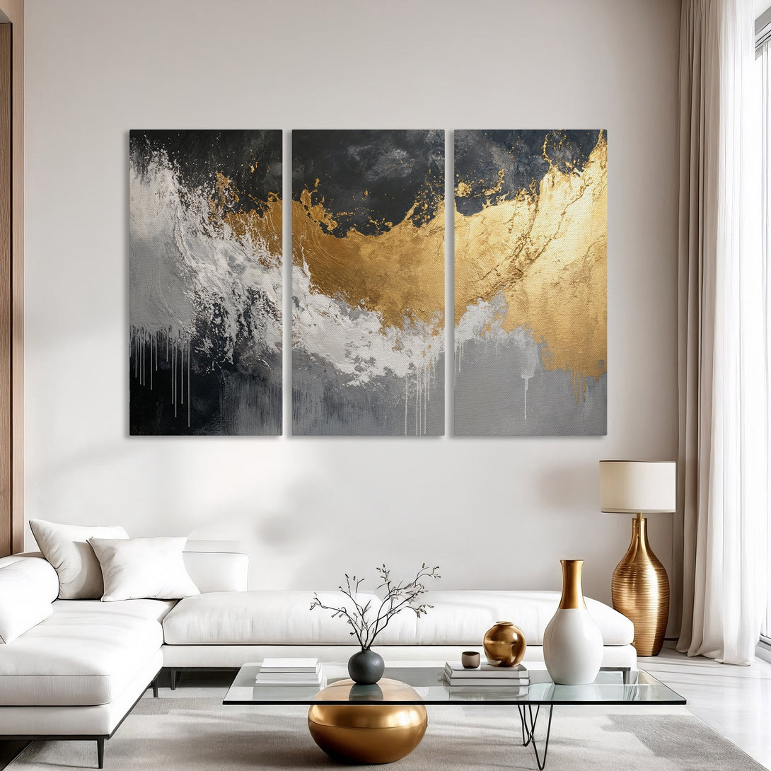 Abstract Canvas Print art in gold, black, and gray, displayed in a modern living room. Elevate your space with this stunning wall art.