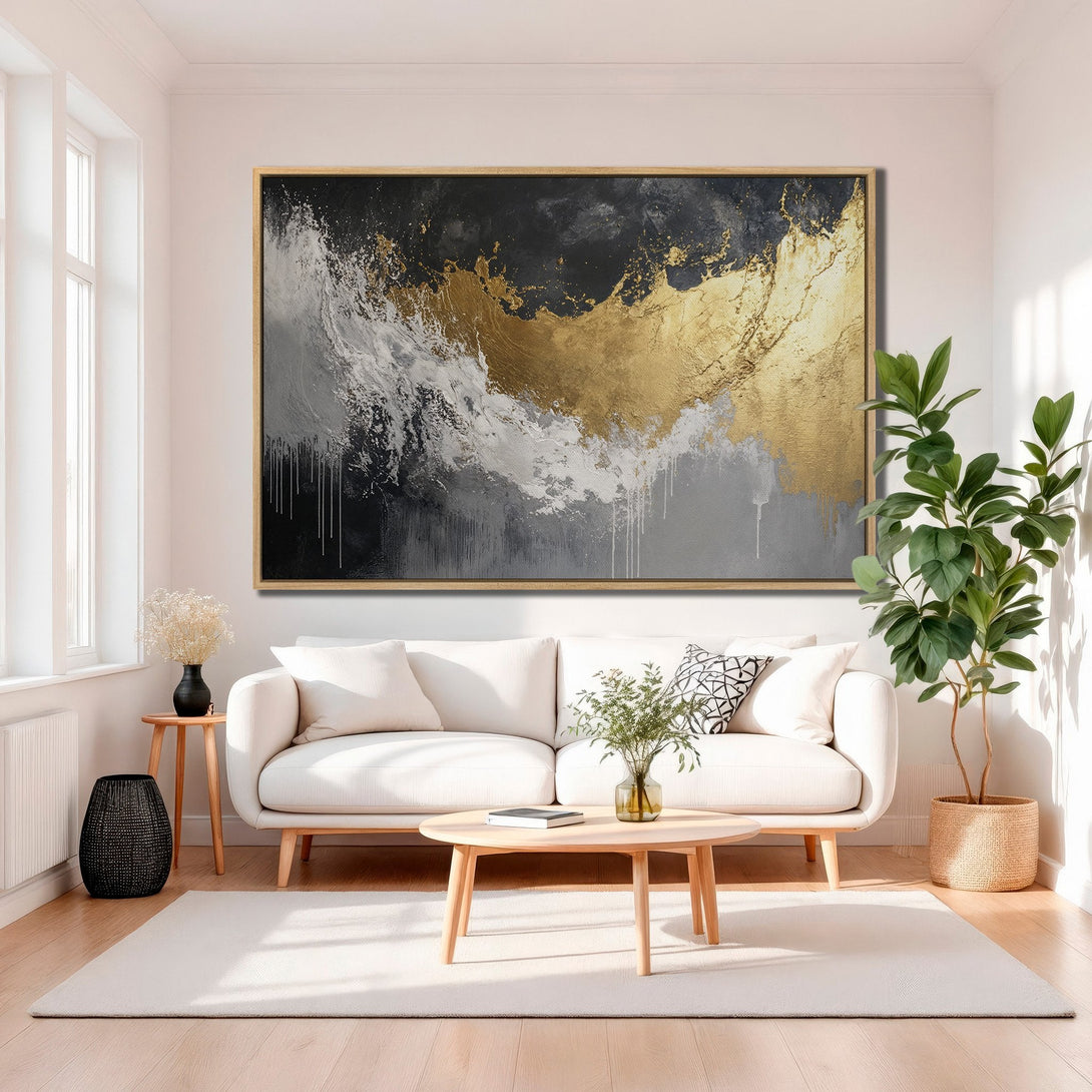 Framed Wall Art: Abstract gold, black, and white canvas print. Modern art decor for living room. Adds a touch of luxury and style to any space.