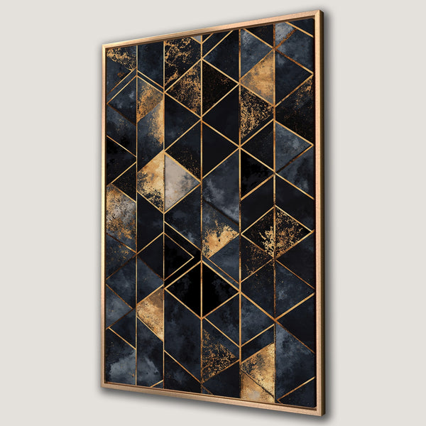 Framed Wall Art featuring a geometric abstract design in navy, black, and gold. Modern canvas print perfect for adding a touch of luxury to any space.