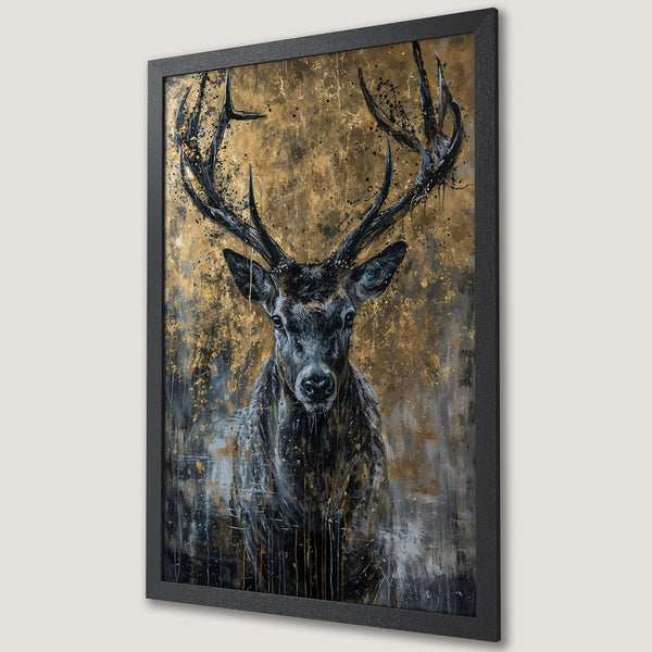 Framed Poster featuring a majestic stag. Abstract style with gold, black, and gray color palette. Perfect wall art for a modern interior.