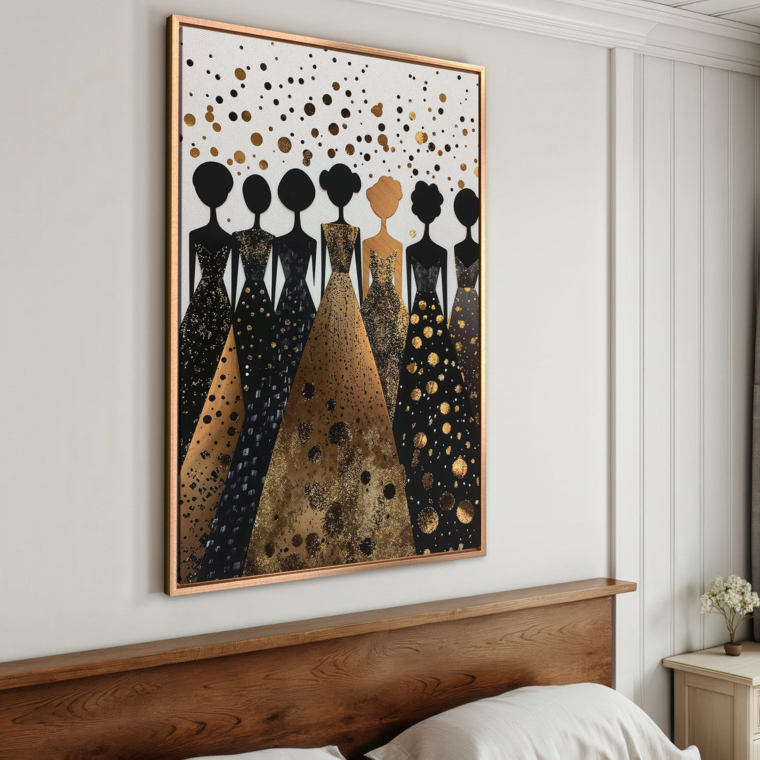 Framed Wall Art featuring elegant black & gold dresses. Modern abstract design with a luxurious gold and black color palette, perfect for adding a touch of glamour.
