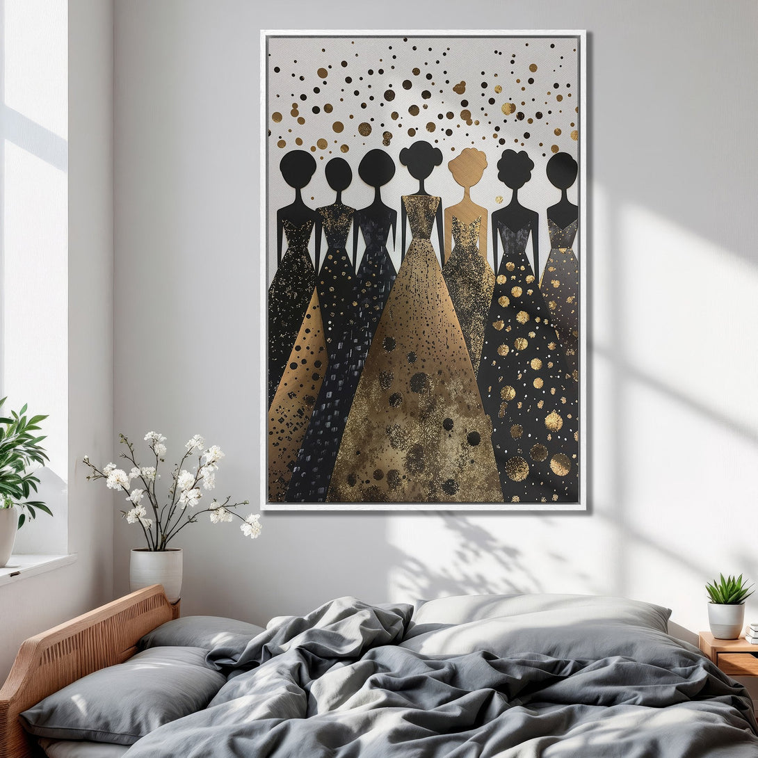 Framed Wall Art featuring abstract figures in black and gold. Modern canvas print adds a touch of elegance to any space. Shop now!