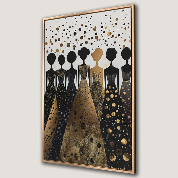 Framed Wall Art featuring elegant women in gold and black dresses. Modern abstract style with metallic accents. Perfect for adding a touch of glamour.