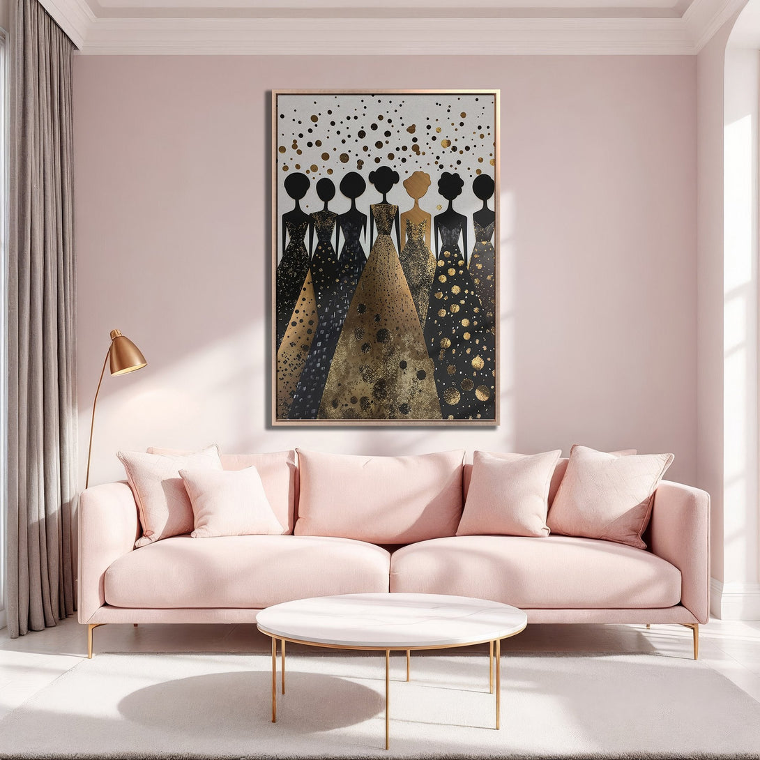 Framed Wall Art featuring elegant women in black and gold dresses. Modern art with a blush and gold color palette, perfect for stylish home decor.