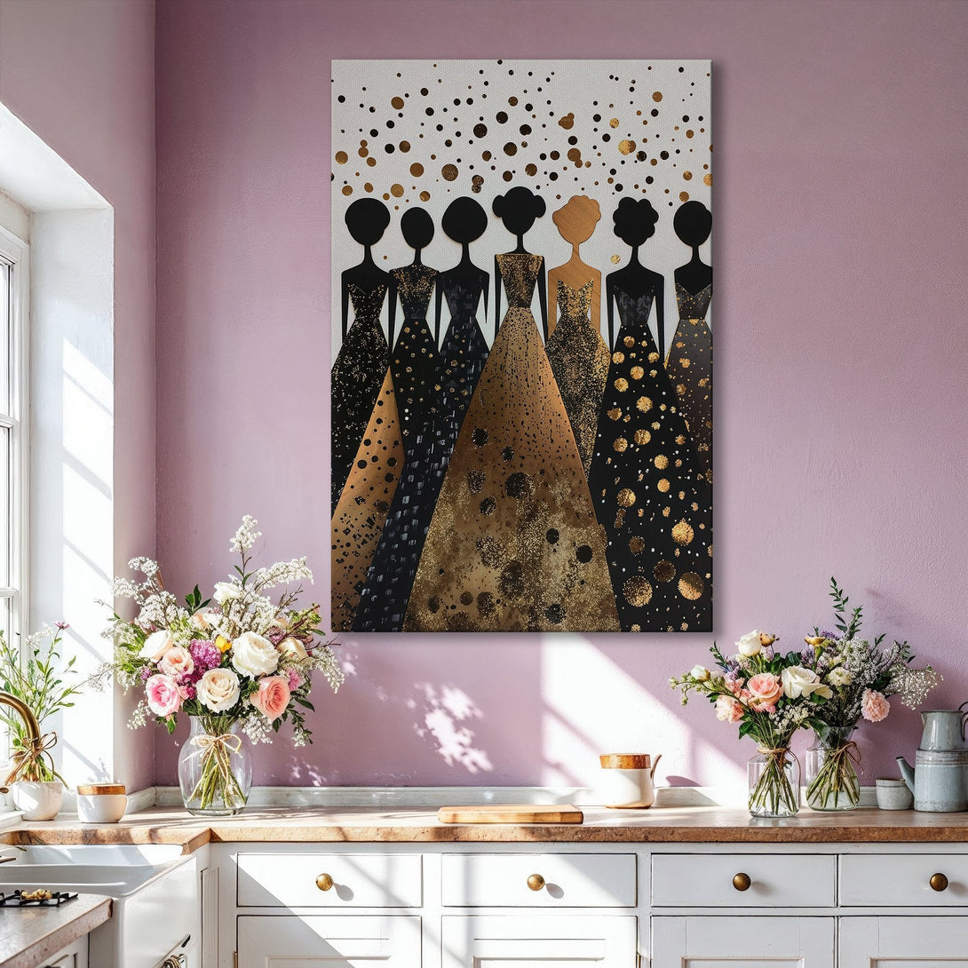 Framed Wall Art featuring abstract figures in gold and black, displayed in a modern living room. Elegant canvas print with a neutral color palette.