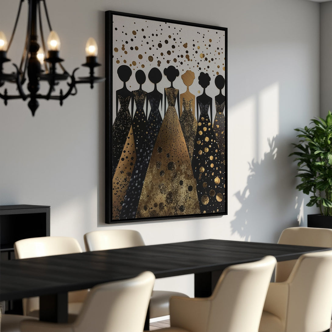 Framed Wall Art featuring elegant women in black and gold dresses, modern style, perfect for dining room decor. Black, gold, and white color palette.
