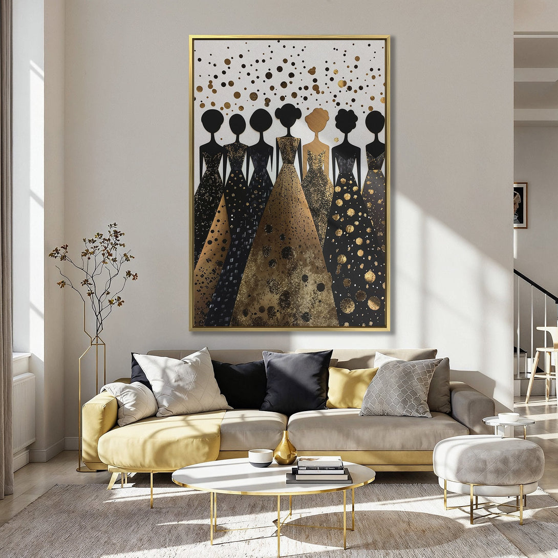 Canvas Print featuring abstract figures in black and gold dresses, displayed in a stylish interior. Modern art with a gold and black color palette.