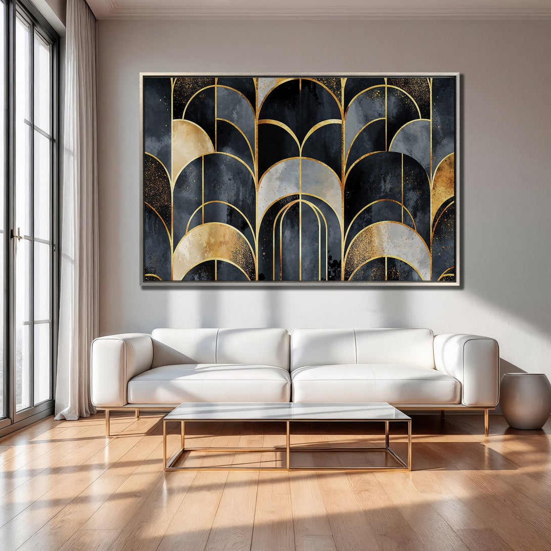 Framed Wall Art: Abstract geometric design in navy, gold, and gray. Modern art print adds elegance to living room decor.