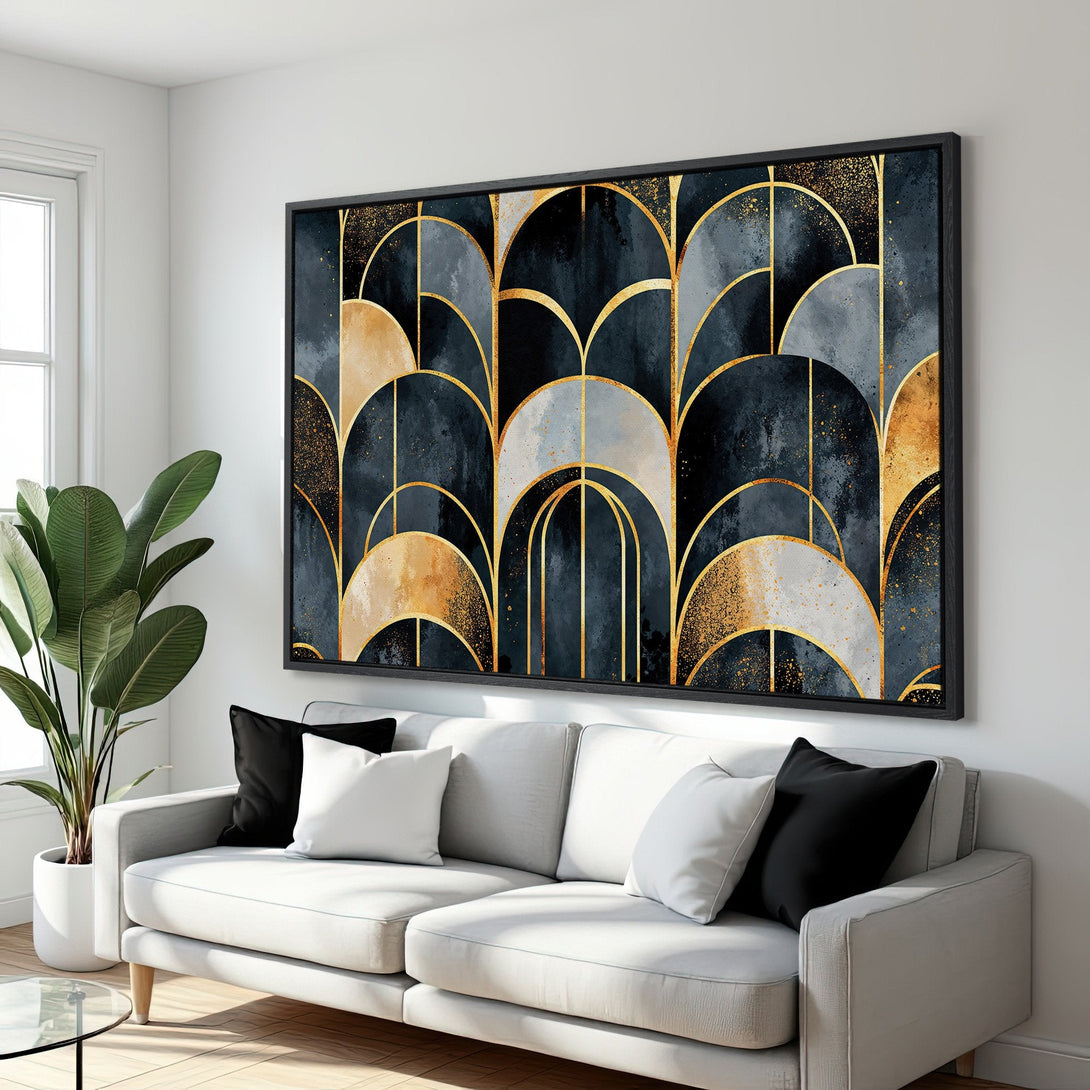 Framed Wall Art: Abstract geometric design in navy, gold, and gray. Modern Canvas Print adds elegance to any living room. Shop now for stylish home decor!