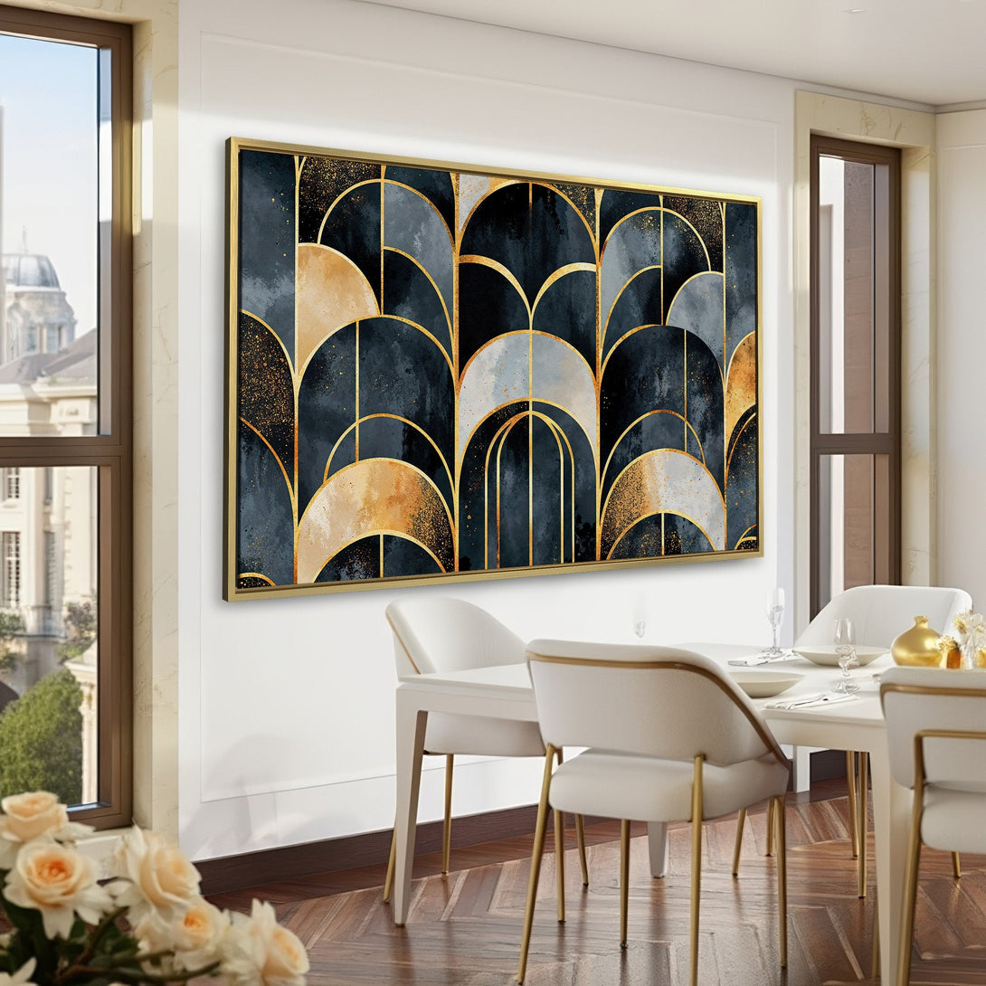 Canvas Print: Abstract art in Art Deco style, featuring gold accents on a dark blue and grey palette. Perfect for adding elegance to any room.