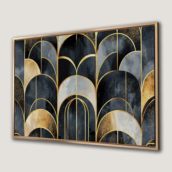Framed Wall Art featuring an Art Deco design with gold accents on a dark blue and grey abstract background. Perfect for modern decor.